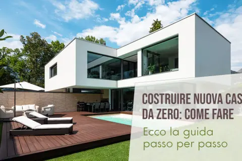 Una casa moderna con piscina e arredi da esterno. Scopri quanto costa fare una casa da zero con questa guida passo passo.