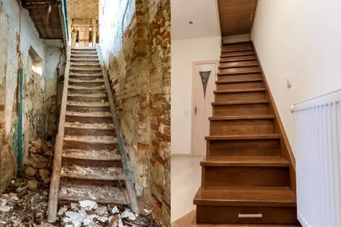 Vorher-Nachher-Vergleich: Eine verfallene Holztreppe wurde erfolgreich renoviert und erstrahlt nun in neuem Glanz.