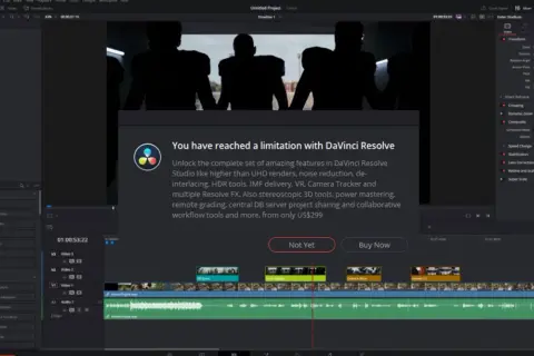 DaVinci Resolve free vs paid: A pop-up shows limitations in the free version, prompting an upgrade to unlock advanced features for US$299.