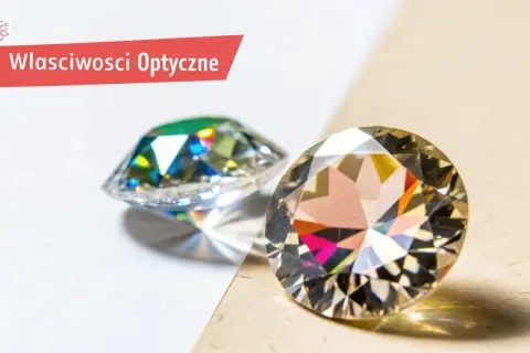 Dwa błyszczące kamienie, jeden to cyrkonia, drugi diament, ukazują swoje optyczne właściwości.
