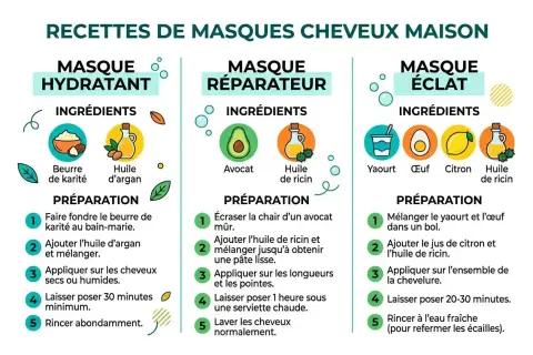 Recettes de masque cheveux maison : hydratant (karité, argan), réparateur (avocat, ricin), éclat (yaourt, œuf, citron, ricin).
