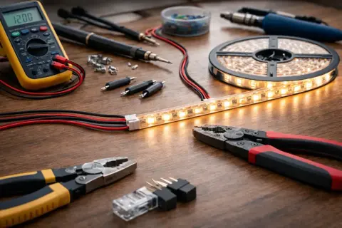 Narzędzia do elektryki i taśma LED na drewnianym blacie. Multimetr, lutownica, szczypce i złączki pokazują, jak podłączyć ledy do zasilacza.