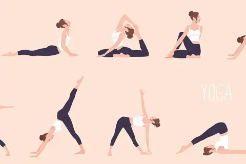 Illustrazione di donne che praticano diversi esercizi di hatha yoga, mostrando flessibilità e calma.