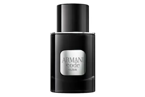 Elegancka, czarna butelka Armani Code Eau de Toilette z metaliczną etykietą "ELIXIR".