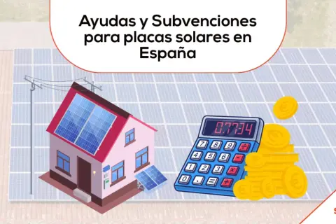 Calculadora y monedas junto a casa con placas solares, ilustrando cuando se cobran las subvenciones de las placas solares en España.