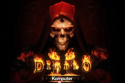 Diablo II Resurrected: przerażająca czaszka w czerwonym kapturze, płomienie i mroczne symbole.