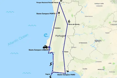 Die Portugal Route führt von Porto über Serra da Estrela und Lissabon bis nach Faro. Highlights sind Nationalparks und Küstenorte.