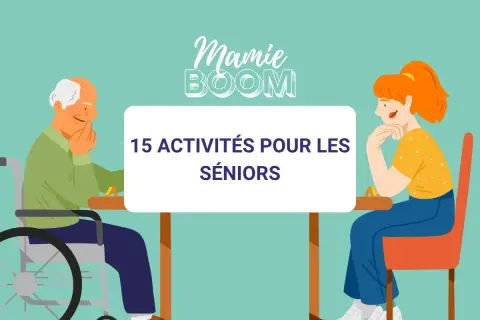 Un homme en fauteuil roulant et une jeune femme pensifs, devant un panneau "15 activités pour les seniors", suggérant la stimulation cognitive.