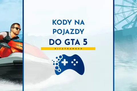 Kody na pojazdy do GTA 5. Mężczyzna na skuterze wodnym, obok symbol pada do gier.