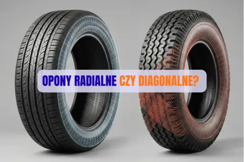 Dwa rodzaje opon: po lewej opony radialne z niebieską siatką, po prawej diagonalne z czerwoną.