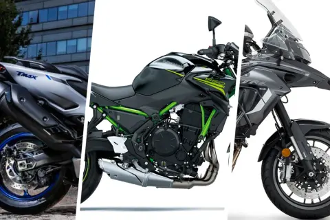 Tres motos: una Yamaha TMAX, una Kawasaki Z650 y una Benelli TRK. La Kawasaki Z650, con su motor de 650cc, es ideal para el carnet A2.
