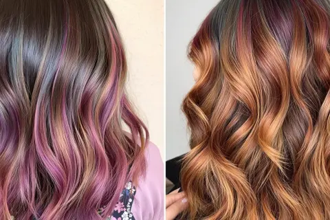 Chevelure brune avec des mèches roses et violettes subtiles, et une autre chevelure aux reflets cuivrés et auburn, avec des mèches 2 couleurs différentes.