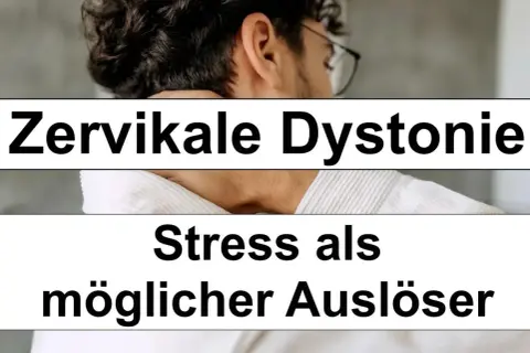 Mann mit Nackenbeschwerden, die auf zervikale Dystonie (Torticollis spasticus) hindeuten. Stress als möglicher Auslöser.