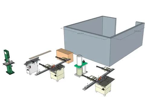 Plan d'atelier avec scie à ruban, toupie Felder, dégauchisseuse, et autres machines pour le travail du bois.