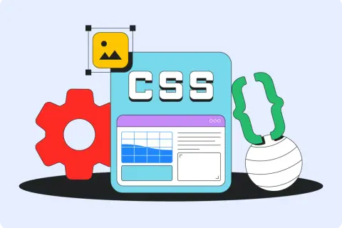 Icône d'image, engrenage rouge, fenêtre avec "CSS" et un tableau, et accolades vertes. Illustration du code CSS.