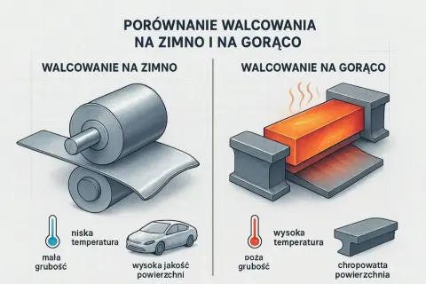 Porównanie walcowania blachy na zimno (niska temp., mała grubość, wysoka jakość) i na gorąco (wysoka temp., duża grubość, chropowata powierzchnia).
