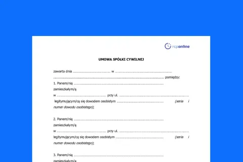 Formularz umowy spółki cywilnej, zawierający dane osób tworzących reprezentację spółki cywilnej.