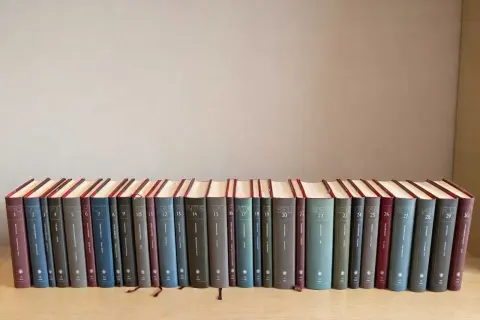 Rząd książek z numerowanymi tomami, tworzący kolekcję klasyki literatury światowej.