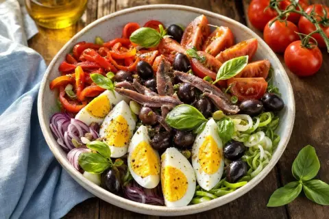 Salade de riz niçoise colorée avec œufs durs, tomates, poivrons, olives, anchois et basilic frais. Un délice méditerranéen.