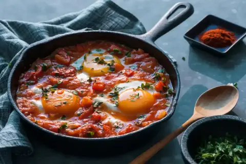 Œufs pochés dans une sauce tomate épicée, parfaits pour une recette de chakchouka maison.