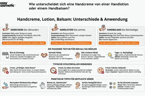 Handcreme, Lotion, Balsam: Unterschiede & Anwendung. Tipps für die richtige Pflege, auch zum Handcreme selber machen.
