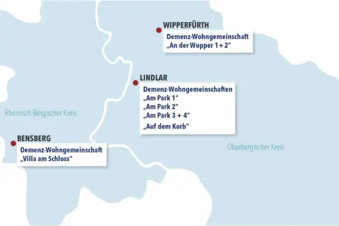 Karte zeigt Demenz-Wohngemeinschaften in Wipperfürth, Lindlar und Bensberg. Informieren Sie sich über Veranstaltungen heute im Oberbergischen Kreis.
