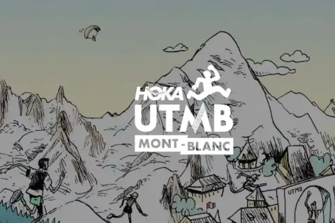 Dessin stylisé de coureurs et d'un parapentiste dans un paysage montagneux, avec le logo UTMB Mont-Blanc. Le nombre de participants à l'UTMB est impressionnant.