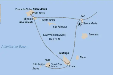 Karte der Kapverdischen Inseln mit Routen für Flug und Schiff. Ideal für Kapverden Backpacking.