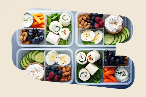 Vorbereitete Lunchboxen mit Wraps, Eiern, Beeren, Nüssen, Karotten und Gurken – perfekt für gesunde Snacks zum Mitnehmen.