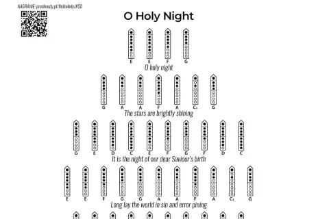 Instrukcja do gry na flecie prostym: kolędy "O Holy Night" z zapisanymi nutami i palcowaniem.