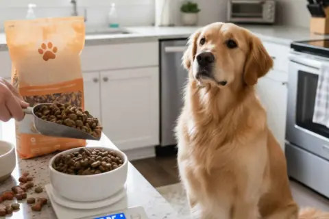 Golden retriever espera pacientemente mientras se mide la cantidad de comida para cachorro.