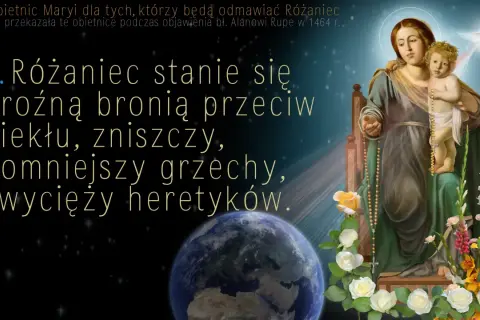 Obraz Matki Bożej z Dzieciątkiem, z różańcem, kwiatami i Ziemią.