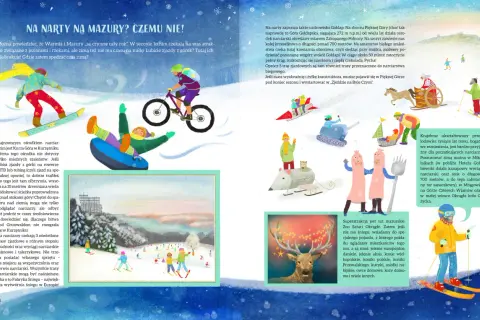Ilustracja przedstawia zimowe aktywności na Mazurach: snowboardzistę, rowerzystę górskiego, saneczkarzy i narciarzy.