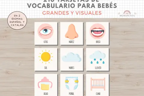 Tarjetas vocabulario infantil para imprimir: ojos, nariz, boca, sol, nubes, lluvia, agua, pañal, cuna.