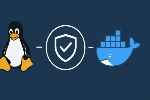 Tux le pingouin Linux, un bouclier de sécurité et le logo Docker. Guide pour installer Docker sur Linux.