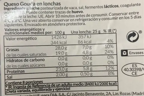 Tabla nutricional de queso Gouda en lonchas. Una porción de 25g aporta 86 kcal, 7g de grasas y 5.8g de proteínas.
