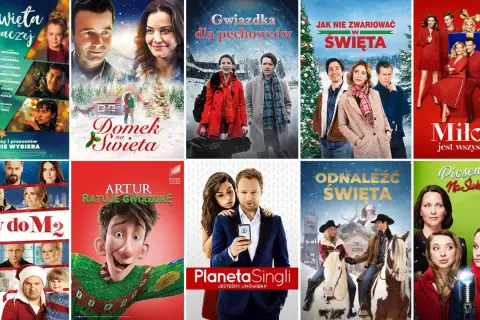 Kolaż plakatów filmów świątecznych: "Święta inaczej", "Domek na Święta", "Gwiazdka dla pechowców", "Jak nie zwariować w Święta", "Miłość jest wszystkim", "Listy do M2", "Artur ratuje gwiazdkę", "Planeta Singli", "Odnaléźć Święta", "Piosenka na Święta".