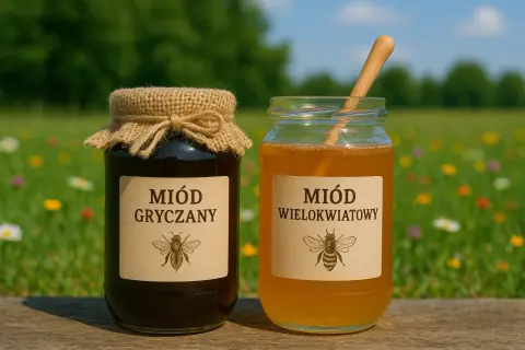 Dwa słoiki miodu na tle łąki. Czy miód wielokwiatowy jest dobry? Tak, jest pyszny i naturalny!