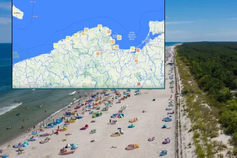 Mapa z zaznaczonymi temperaturami wody w Bałtyku i widok na zatłoczoną plażę.