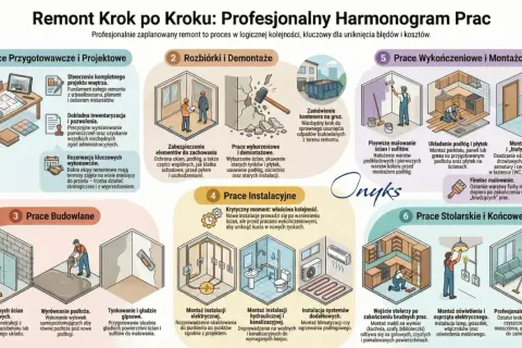 Harmonogram remontu domu: od projektu, przez rozbiórki, budowę, instalacje, po wykończenia i sprzątanie.