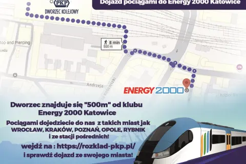 Mapa z trasą pieszą z dworca PKP Katowice do klubu Energy 2000. Dojazd pociągiem z wielu miast.