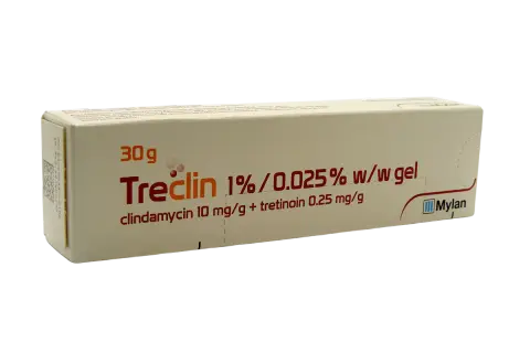 Opakowanie żelu Treclin z klindamycyną i tretinoiną, 30g. Pomaga w walce z trądzikiem.