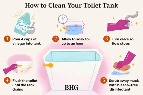 Learn how to clean toilet tank with vinegar, soaking, and scrubbing. Steps include pouring vinegar, letting it soak, turning off the valve, flushing, and disinfecting.
