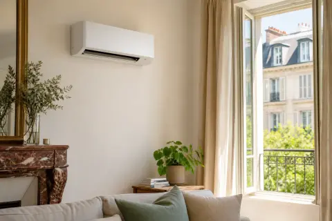 Climatiseur mural blanc discret, idéal pour un clim air chaud. Salon lumineux avec vue sur Paris.