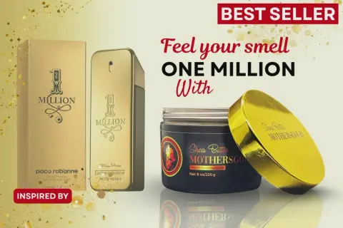 Złoty flakon perfum Paco Rabanne "One Million" i słoiczek masła do ciała. Poczuj zapach "One Million" w intensywnym wydaniu.