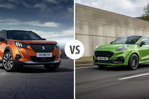 Pomarańczowy SUV Peugeot 2008 kontra zielony Ford Puma. Porównanie wymiarów i osiągów.