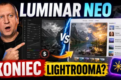 Mężczyzna z zaskoczoną miną porównuje edycję zdjęć w programie **Luminar** Neo z innym narzędziem, sugerując koniec Lightrooma.
