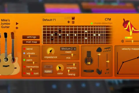 Mike's Jumbo Guitar: ein free guitar vst mit vielen Einstellungsmöglichkeiten für Gitarrenklänge, wie Bend, Vibrato und Palm Mute.