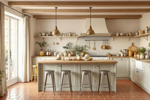 Cuisine chaleureuse avec sol en tomettes rouges. Les tons crème et bois clair s'associent parfaitement, créant une ambiance douce.