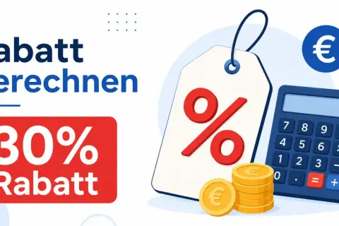 Rabatt berechnen: 30% Rabatt mit Taschenrechner und Münzen.